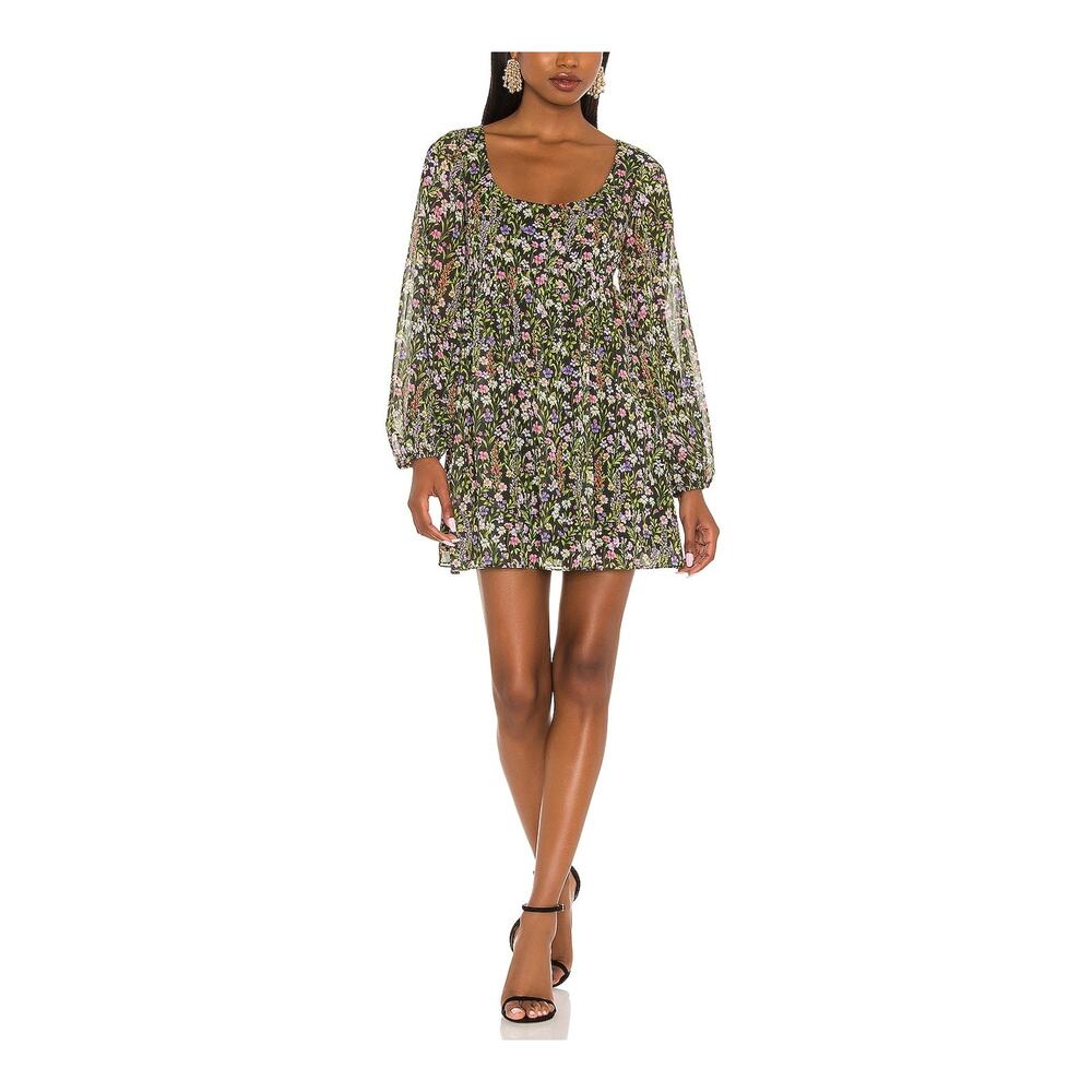 Amanda Uprichard 'Glory' Green Semi Sheer Puff Sleeve Georgette Dress Size M